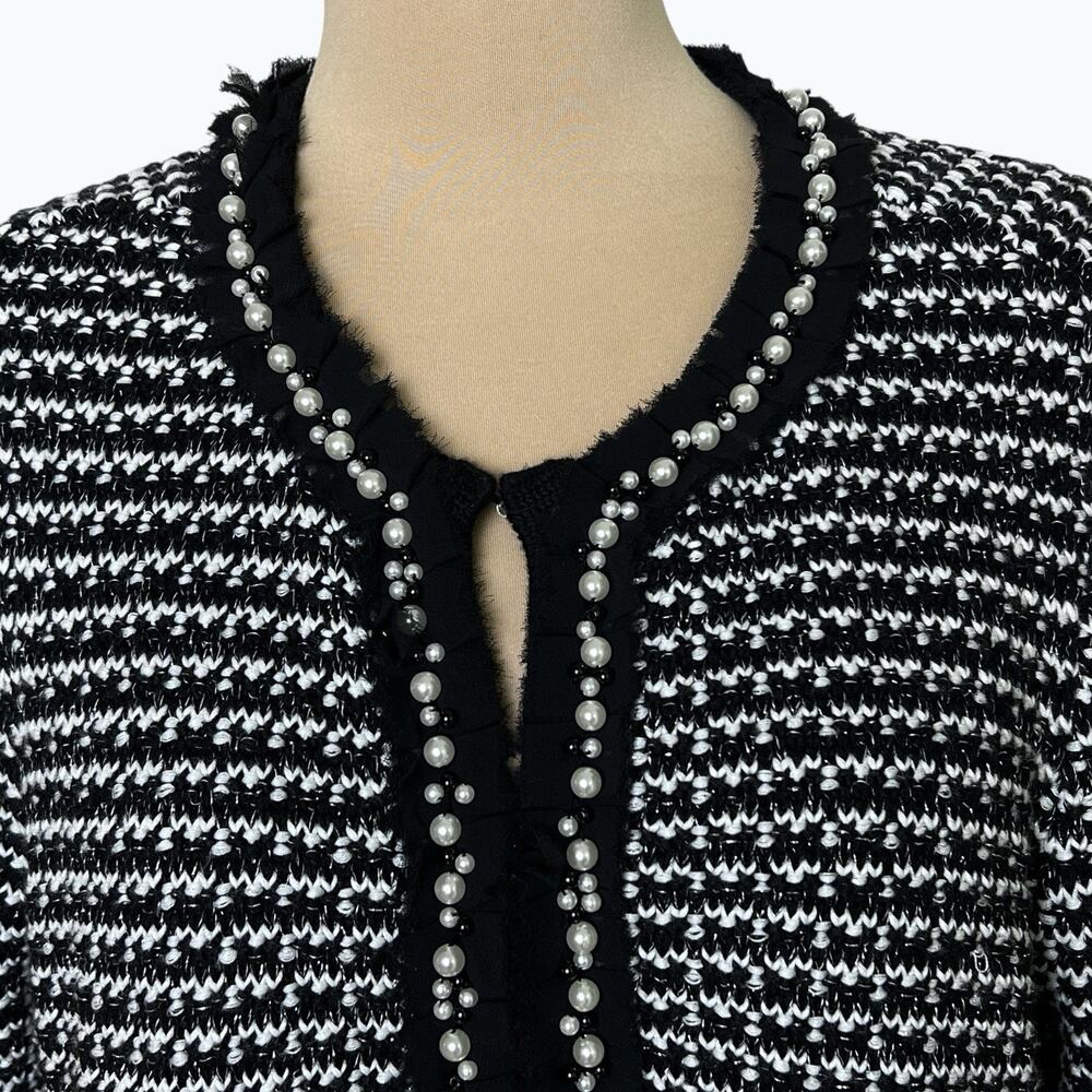 Alex Marie Cardigan Sweater Womans L Black White Faux Pearls Hook Front Elegant